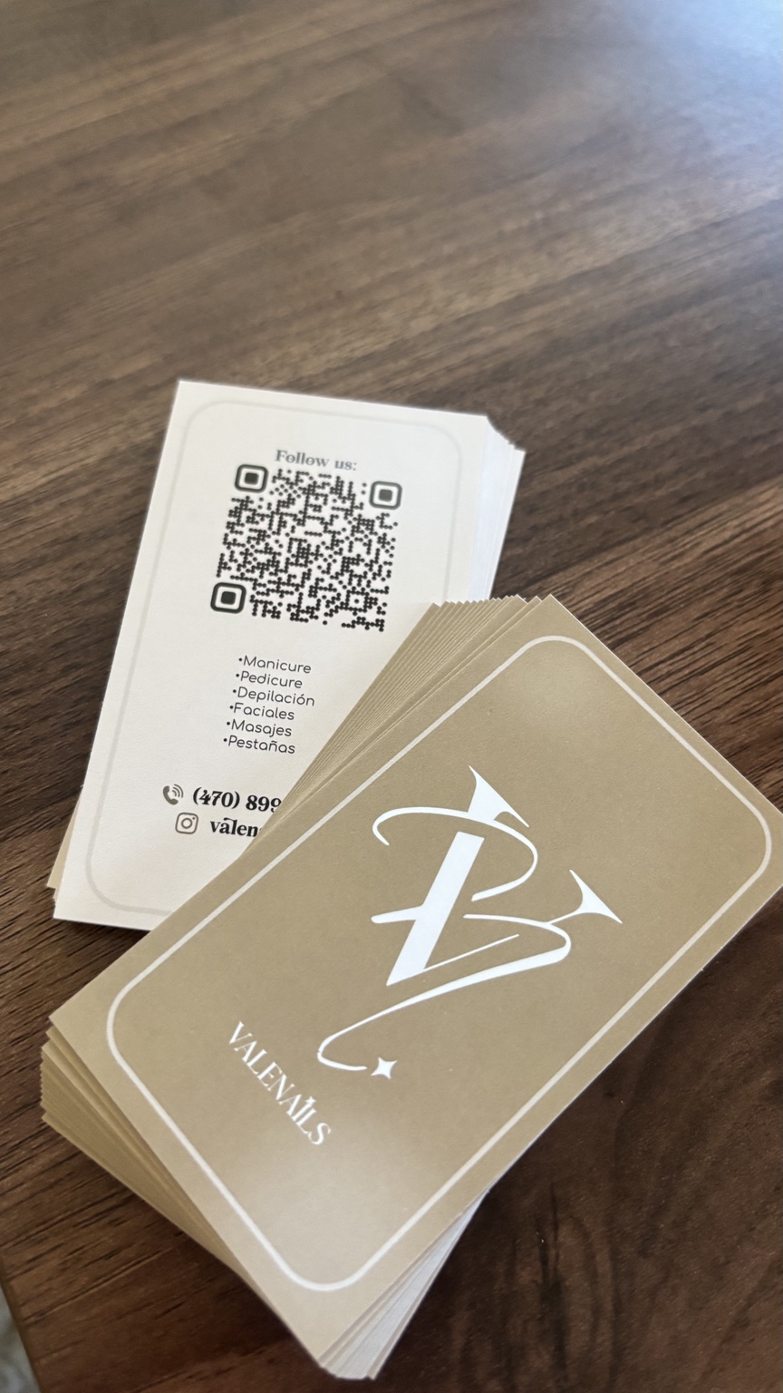 Printed Vale Nails business cards with QR code and service details